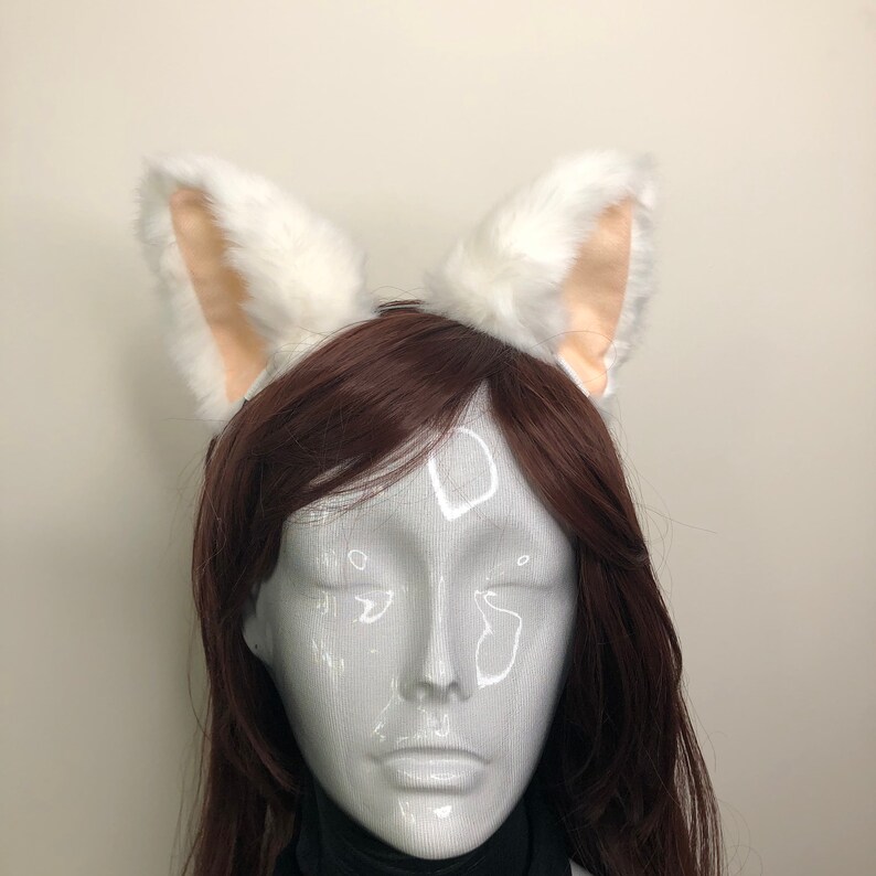 Cat ears Kitty Headwear White Furry Beige inside Animal Headband Costume Bow Bells