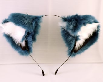 Cat ears Kitty Wolf Headwear Cerulean Blue Furry White fur inside Animal Headband Costume