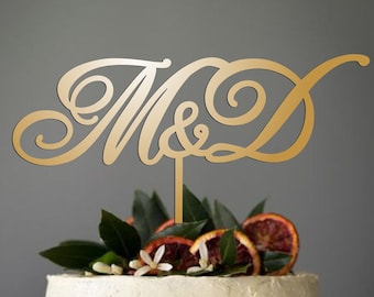 Custom Initial Cake Topper Wedding Monogram-Custom Cake Topper Wooden Monogram- Wedding Gold Cake  Topper