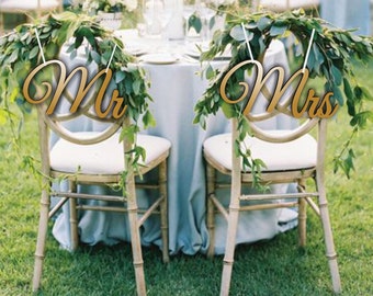 Signos de la silla del Sr. y la Sra. - Boda del signo de la silla - Signos de la silla del Sr. y la Sra. - Signos de la silla de recepción de la boda de madera- Establecer signos de boda
