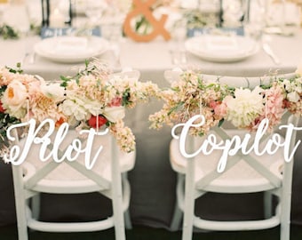 Pilot & Co Pilot Chair Signs, Laser Cut Wedding Chair Backs Decorations Travel Adventure  - Wood Wedding Reception Chair Signs