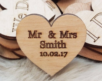 Mr & Mrs.Custom Engraved Wood Hearts 2.5 cm - Rustic Wedding. Tiny Wood Hearts .