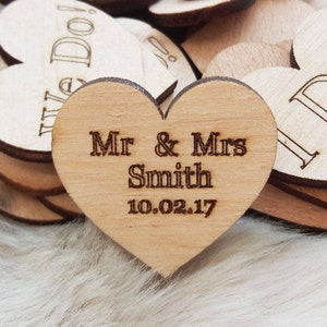 Mr & Mrs.Custom Engraved Wood Hearts 2.5 cm - Rustic Wedding. Tiny Wood Hearts .