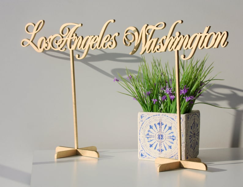 May include: Two wooden signs with the words "Los Angeles" and "Washington" written in cursive. The signs are on stands and are in front of a potted plant with purple flowers.