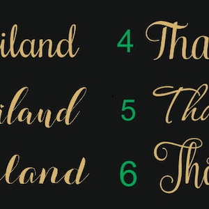 May include: Six different variations of the word "Thailand" written in a gold cursive font on a black background. Each word is numbered 1 through 6.