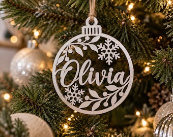 Personalized Laser-Cut Name Christmas Ornament, Silver  Custom Holiday Bauble
