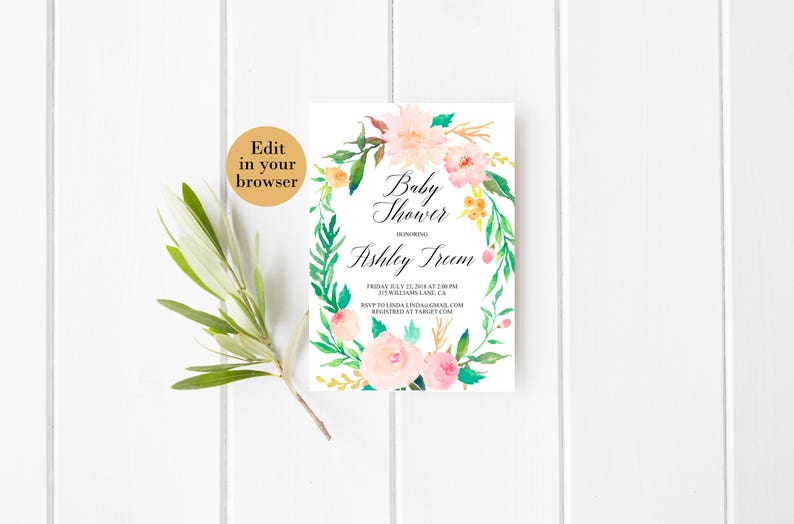 Editable baby shower invite baby shower template Greenery Baby shower Pink Baby Shower Instant Download baby Girl baby shower Elegant shower