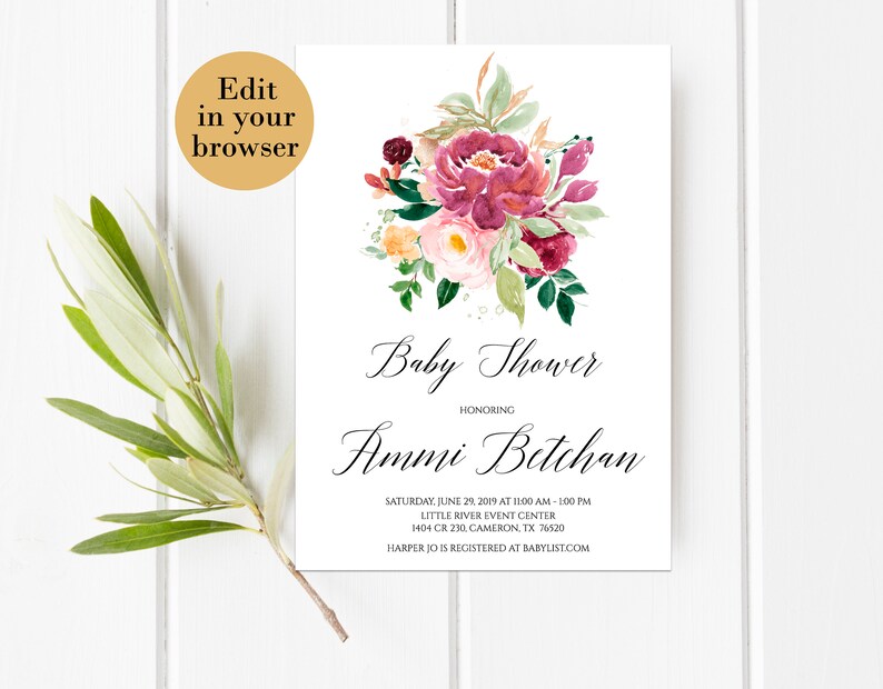 Baby shower invitation template Purple Baby shower invitation Floral Baby Shower Girl Lilac shower Editable baby shower invitation