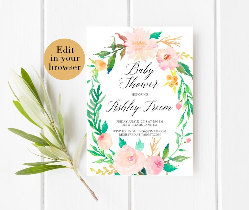 Editable baby shower invite baby shower template Greenery Baby shower Pink Baby Shower Instant Download baby Girl baby shower Elegant shower