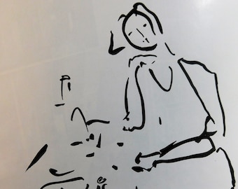 May include: A black and white line drawing of a person sitting at a table. The person is wearing a tank top and has their hair pulled back. The table has a few items on it, including a plate and a cup.