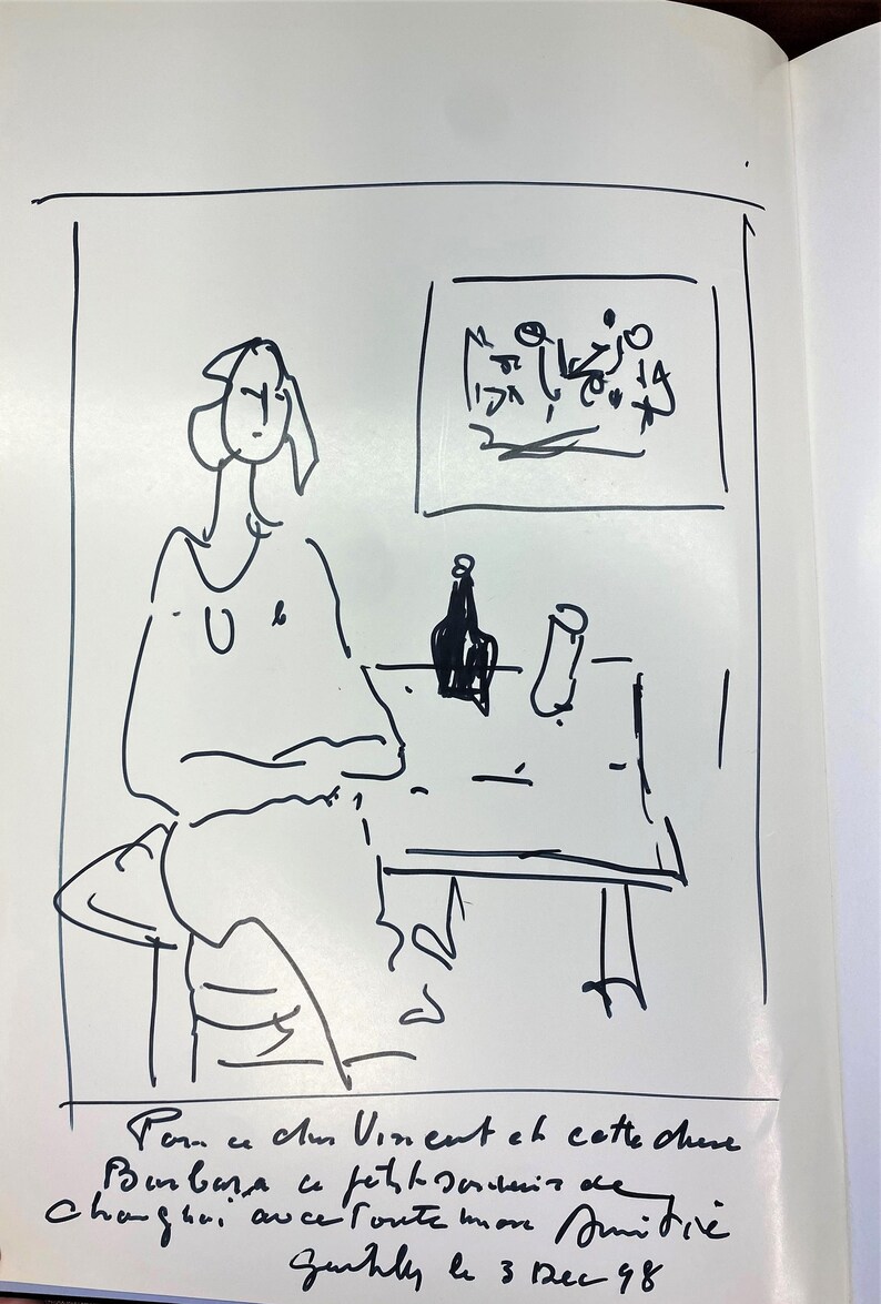 May include: A black and white line drawing of a person sitting at a table with a bottle and glass. The drawing is signed "Por. u An Vinent et cette chese Changhai auce fonte more punitive Zurhly le 3 Dec 48".