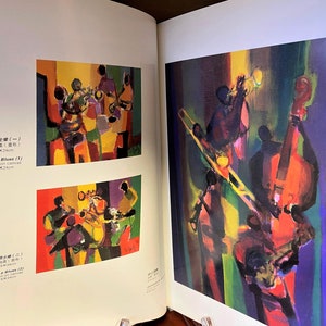 May include: Two paintings of jazz musicians playing instruments. The first painting is a close-up of a group of musicians playing in a colorful, abstract style. The second painting shows a group of musicians playing in a more realistic style, with a focus on the trombone and cello.