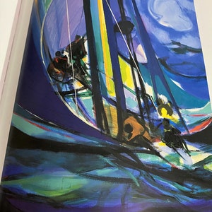 May include: Abstract painting of a sailboat with a blue, green, and yellow color scheme. The sailboat is sailing on a choppy sea with a dark blue sky in the background.