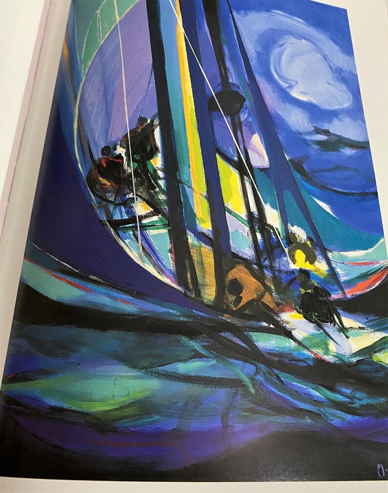 May include: Abstract painting of a sailboat with a blue, green, and yellow color scheme. The sailboat is sailing on a choppy sea with a dark blue sky in the background.