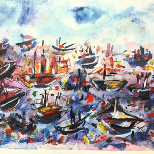 May include: A watercolor painting depicting a harbor scene filled with numerous small boats. The composition features expressive brushstrokes in shades of deep blue, purple, and red, with scattered highlights of yellow and orange across the water.