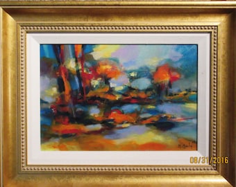 May include: Abstract landscape painting with a blue, green, and orange color scheme. The painting depicts a forest scene with trees and a body of water. The artist's signature and the date "03/31/2016" are visible in the bottom right corner.