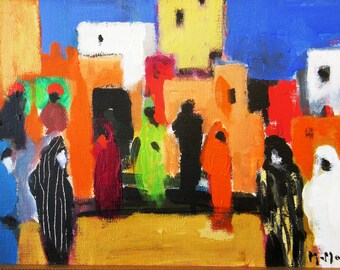 May include: Abstract painting of a city scene with colorful buildings and figures in the foreground. The buildings are painted in shades of orange, yellow, white, and red. The figures are painted in black, red, and white. The background is a bright blue sky.