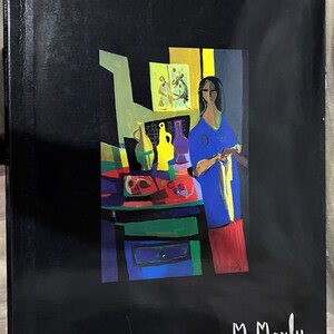 May include: A painting of a woman in a blue shirt and red skirt standing in a room with a table and several bottles. The painting is signed "M. Mouly" in the bottom right corner.