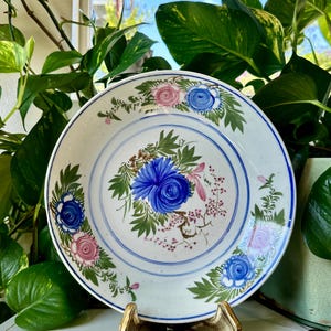 Hand Painted Decorative Plate with Blue and Pink Flowers