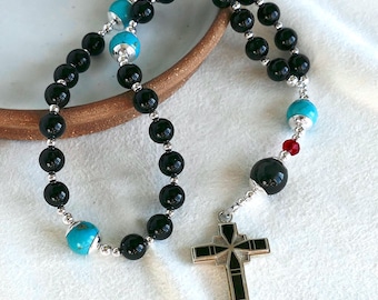 Anglican Protestant Prayer Beads; Onyx, Turquoise, and Sterling Silver