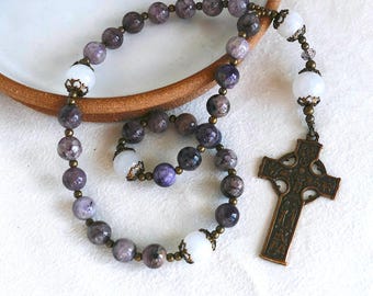 Protestant Anglican Prayer Beads; Sugilite, Jade, Bronze