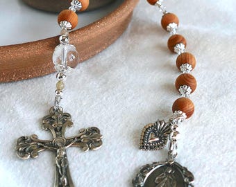Rosary Chaplet, Ten Beads and Crucifix; Sandalwood, Crystal, Sterling Silver, Milagro. Divine Mercy.