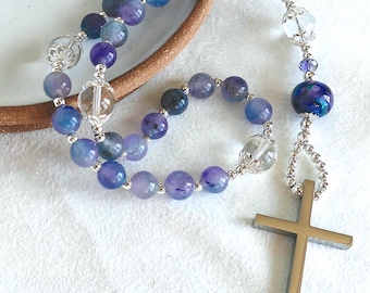Protestant Anglican Prayer Beads; Jade Fluorite, Crystal, Stainless Steel, Lampwork