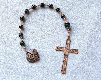 Prayer Bead Chaplet, Ten Beads, Copper and Obsidian