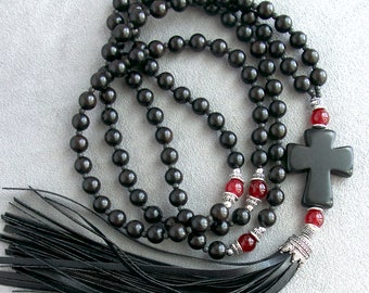 Orthodox Chotki Prayer Beads, One Hundred Beads; Hardwood, Jade, Leather, Pewter
