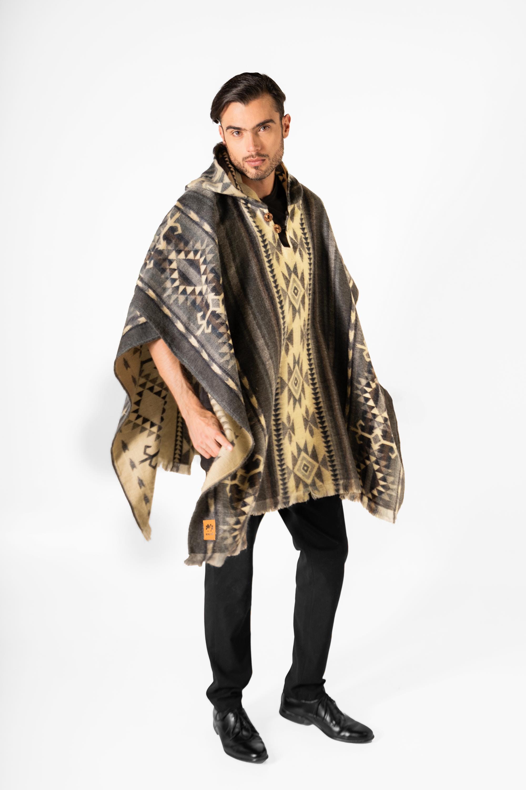 Alpaca Wool Poncho - Ancestral Design Poncho - Hooded Poncho - Poncho for men and women - Alpaca Geometric Poncho - Ancestral Gray Design