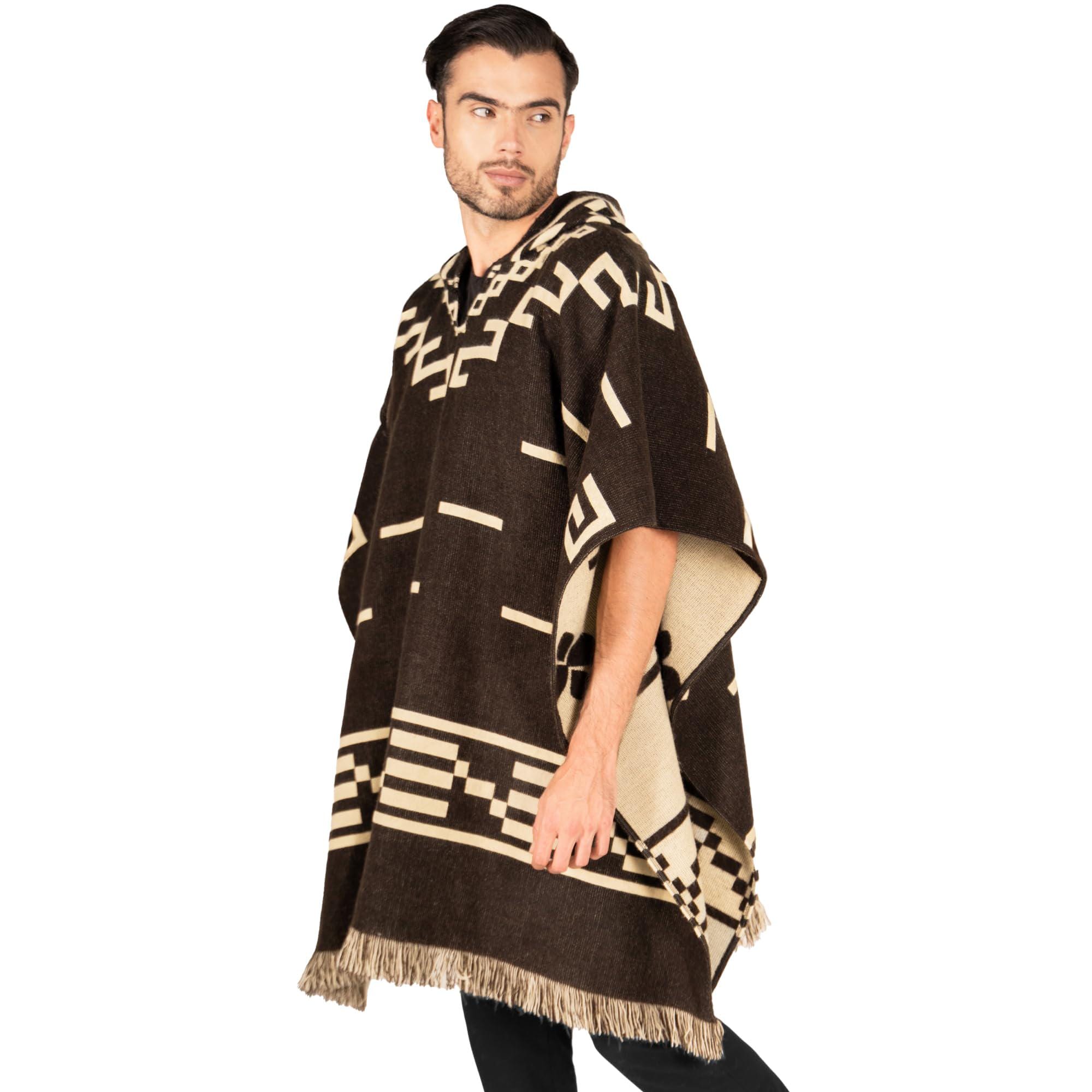Alpaca Wool Poncho Black Beige Hooded Unisex Ancestral Geometric Design Handmade Ecuador