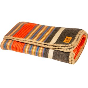 Puede incluir: Manta doblada con un patrón de rayas en naranja, gris, blanco y azul. La manta tiene un borde beige y una pequeña etiqueta rectangular con texto. La manta está doblada cuidadosamente.