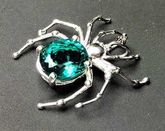 Sterling Silver 925 Spider Pendant with Huge Oval Cut Lab-Created Green Tourmaline