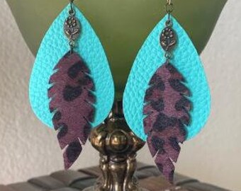 Turquoise Leather Earrings; Leather Teardrop Earrings; Layered Leather Earrings; Turquoise Earrings; Feather Earrings; Leopard Earrings