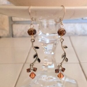 Brown and Gold Crystal Leaf Dangle Silver Earrings; Crystal Leaf Earrings; Leaf Drop Earrings; Brown Crystal and Gold Crystal Earrings
