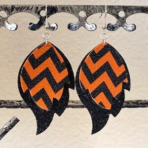 Black and Orange Leather Chevron Earrings; Leather Halloween Earrings; Layered Leather Earrings; Black and Orange Earrings; Chevron Earrings