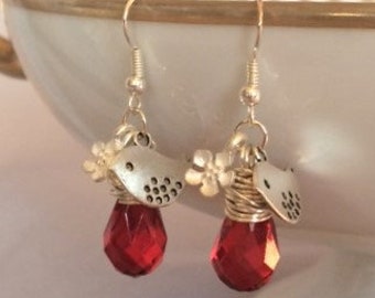 Red Crystal Earrings Crystal Earrings Bird Earrings Flower Earrings Dangle Earrings Teardrop Earrings Crystal Pendant Earrings
