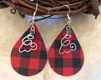 Rojo Buffalo Plaid Pendientes de Navidad; Buffalo Plaid Pendientes; Pendientes de Navidad; Joyería de Navidad; Árbol de Navidad; Cuero; Lágrima; Árbol