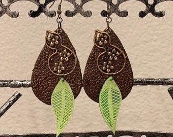 Brown Leather Statement Earrings; Leather Feather Earrings; Feather Earrings; Leaf Earrings; Leather Teardrop Earrings; Boho Earrings