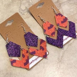 Leather Halloween Earrings; Leather Bat Halloween Earrings; Bat Earrings; Purple Earrings; Orange Earrings; Halloween Geometric Earrings