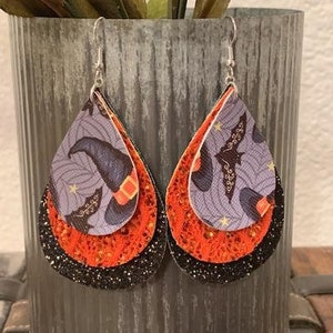 Leather Witch Earrings; Leather Halloween Earrings; Witches Hat Earrings; Leather Layered Earrings; Bat Earrings; Leather Teardrop Earring