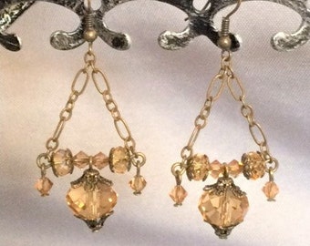 Champagne Crystal Antique Gold Chandelier Earrings; Crystal Chandelier Earrings; Champagne Chandelier Earrings; Gold Chandelier Earrings