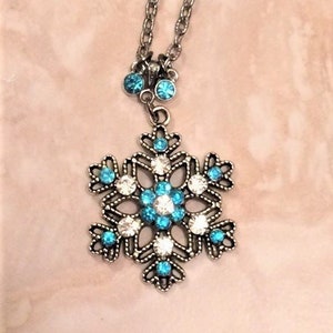 Rhinestone Snowflake Necklace; Christmas Necklace; Christmas Jewelry; Holiday Jewelry; Snowflake; Aquamarine; Winter; Christmas; Holiday