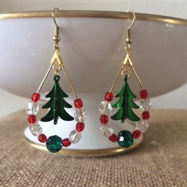 Christmas Jewelry; Christmas Earrings; Christmas Tree Earrings; Tree Earrings; Holiday Statement Earrings; Hoop Earrings; Crystal Earrings