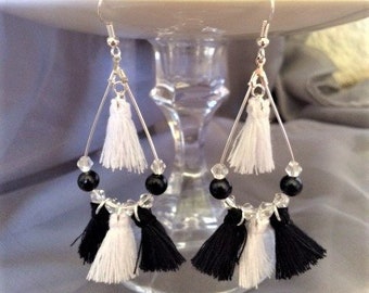 Black and White Tassel Earrings; Tassel Earrings; Color Block Tassels Earrings; Tassel Statement Earrings; Tassel Hoop Earrings; Color Block