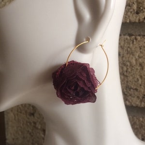 Burgundy Vintage Lace Flower Hoop Earrings; Lace Flower Earrings; Boho Hoop Earrings; Wedding Earrings; Boho Earrings; Flower Hoop Earrings