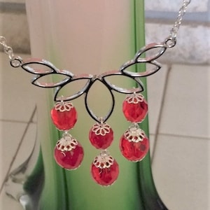 Lotus Flower Necklace; Flower Necklace; Red Crystal and Silver Lotus Flower Pendant Chandelier Necklace; Floral Necklace; Gifts for Her