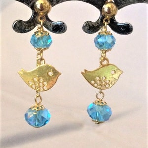 Front Back Blue and Gold Bird Dangle Earrings; Double Sided Bird Drop Earrings; 2-Sided Bird Drop Earrings; Bird Earrings