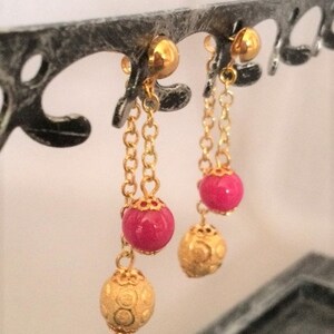 Hot Pink Pearl Front Back Earrings; Pink Pearl Earrings; Gold Chain Drop Earrings; Double Sided Earrings; Front Back Earrings; Gift for Her