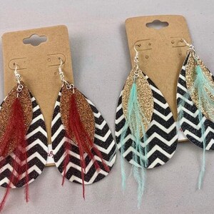 Chevron Leather Feather Earrings; Leather Earrings; Leather Teardrop Earrings; Boho Earrings; Chevron Earrings; Leather Statement Earring